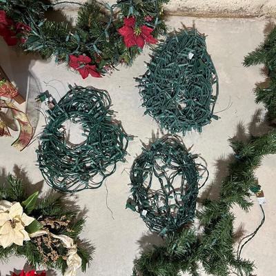 CHRISTMAS WREATH & GREENERY PLUS WOODEN REINDEER AND LIGHTS