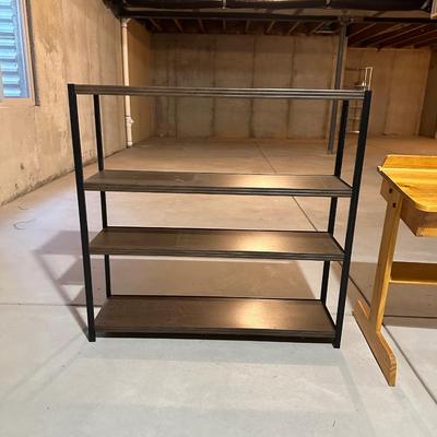 CHILD'S WOODEN DESK AND METAL STORAGE SHELF