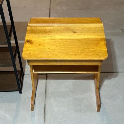 CHILD'S WOODEN DESK AND METAL STORAGE SHELF