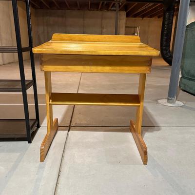 CHILD'S WOODEN DESK AND METAL STORAGE SHELF