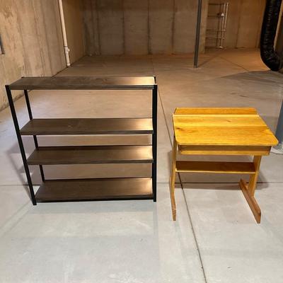 CHILD'S WOODEN DESK AND METAL STORAGE SHELF