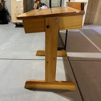 CHILD'S WOODEN DESK AND METAL STORAGE SHELF