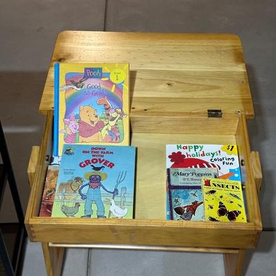 CHILD'S WOODEN DESK AND METAL STORAGE SHELF