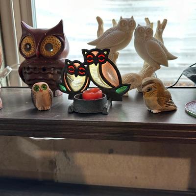 TABLE TOP FOUNTAIN, OWL LAMP AND OTHER OWL FIGURES