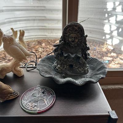 TABLE TOP FOUNTAIN, OWL LAMP AND OTHER OWL FIGURES