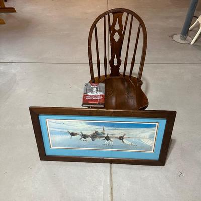 FRAMED AIRPLANE, AVIATION BOOK AND WHEEL BACK CHAIR