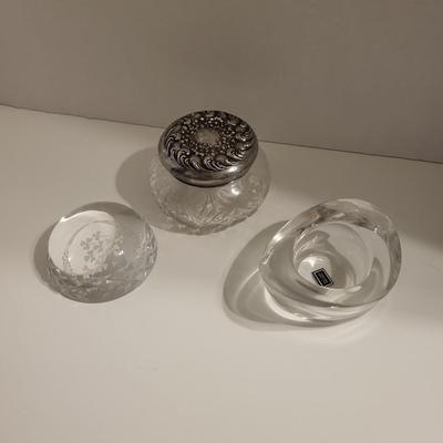 CRYSTAL VANITY JAR W/STERLING LID, WATERFORD PAPERWEIGHT & NAMBE CRYSTAL CANDLE HOLDER