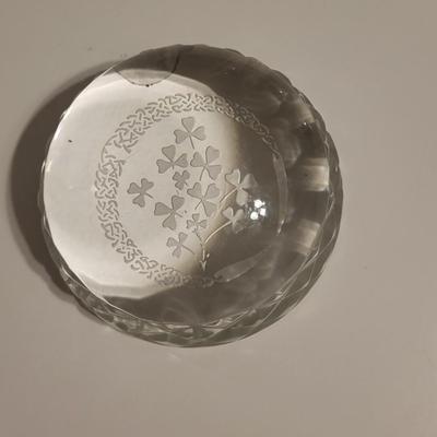 CRYSTAL VANITY JAR W/STERLING LID, WATERFORD PAPERWEIGHT & NAMBE CRYSTAL CANDLE HOLDER