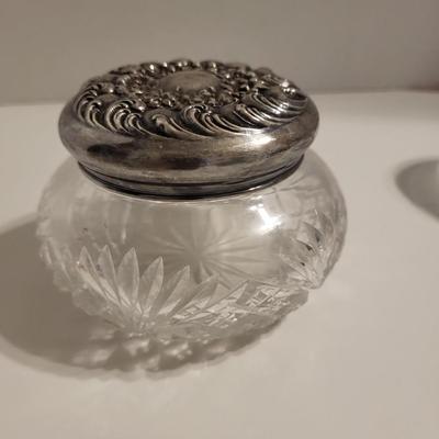CRYSTAL VANITY JAR W/STERLING LID, WATERFORD PAPERWEIGHT & NAMBE CRYSTAL CANDLE HOLDER