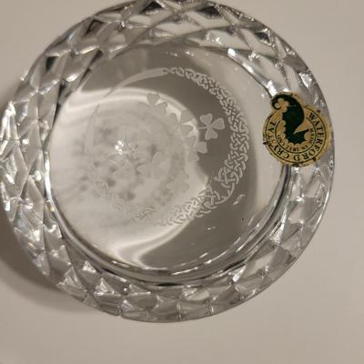 CRYSTAL VANITY JAR W/STERLING LID, WATERFORD PAPERWEIGHT & NAMBE CRYSTAL CANDLE HOLDER