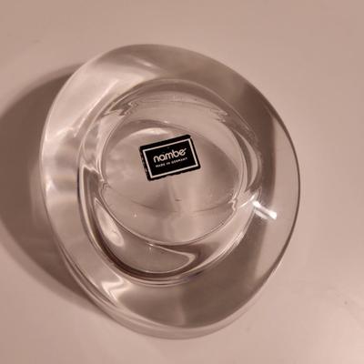 CRYSTAL VANITY JAR W/STERLING LID, WATERFORD PAPERWEIGHT & NAMBE CRYSTAL CANDLE HOLDER