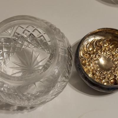 CRYSTAL VANITY JAR W/STERLING LID, WATERFORD PAPERWEIGHT & NAMBE CRYSTAL CANDLE HOLDER