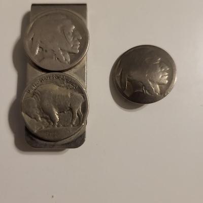 STERLING SILVER FORK AND BRUSH PLUS BUFFALO NICKEL MONEY CLIP AND BUTTON