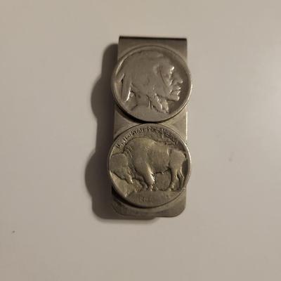 STERLING SILVER FORK AND BRUSH PLUS BUFFALO NICKEL MONEY CLIP AND BUTTON