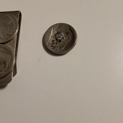 STERLING SILVER FORK AND BRUSH PLUS BUFFALO NICKEL MONEY CLIP AND BUTTON