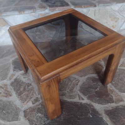 Solid Wood Oak Side Table with Glass Top