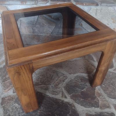 Solid Wood Oak Side Table with Glass Top