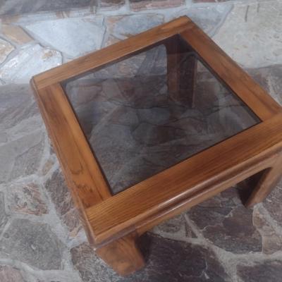 Solid Wood Oak Side Table with Glass Top