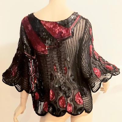 Vtg 70-80s Artisan silk Chiffon fully Hand Beaded/Sequined Tunic