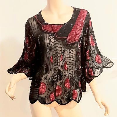 Vtg 70-80s Artisan silk Chiffon fully Hand Beaded/Sequined Tunic