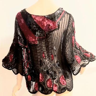 Vtg 70-80s Artisan silk Chiffon fully Hand Beaded/Sequined Tunic