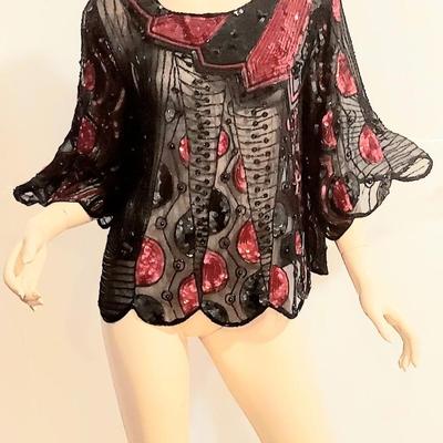 Vtg 70-80s Artisan silk Chiffon fully Hand Beaded/Sequined Tunic