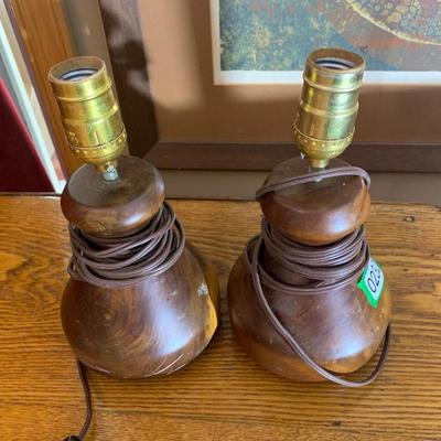 PAIR Handmade Teak Turned Wood Lamps