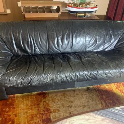 Vintage Distressed Black Leather Sofa