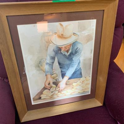 Signed & Framed Original Watercolor - Man Making Tortillas