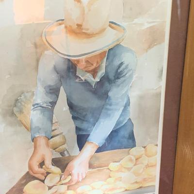 Signed & Framed Original Watercolor - Man Making Tortillas