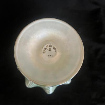 Quezal Pulled Feather Flower Form Green Swirl Glass Vase (DR-MG)