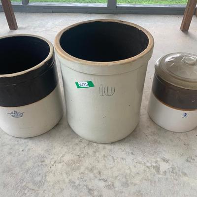 3 Large Stoneware Crocks 3 - 6 - 10 Gallon