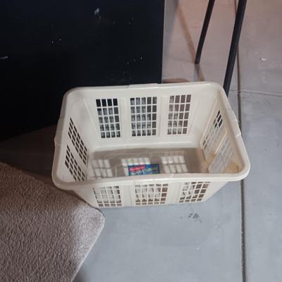 GARMENT RACK, FOLDING CARD TABLE, LAUNDRY BASKET AND BATH RUG
