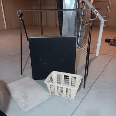 GARMENT RACK, FOLDING CARD TABLE, LAUNDRY BASKET AND BATH RUG