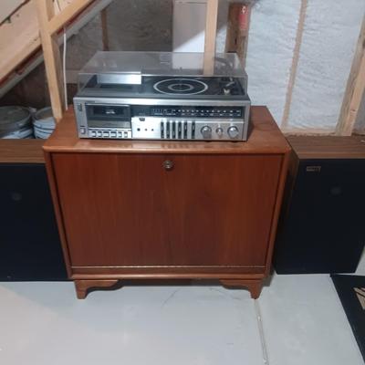 RECORD CABINET & FISHER STEREO W/SPEAKERS