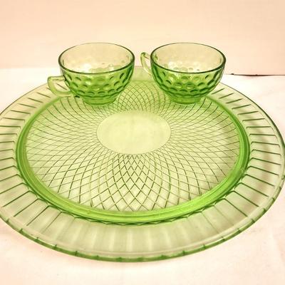 Lot #119 Green Depression-era Cake Plate and 2 vaseline glass Fire King Cups