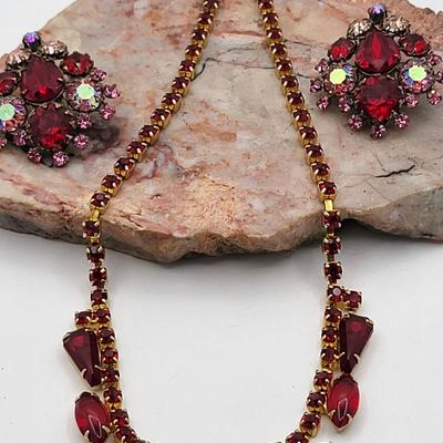 1950's Red & Aurora Borealis Necklace Earrings