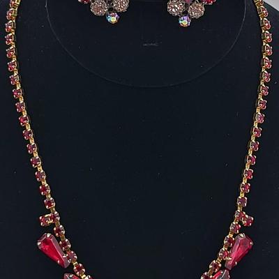 1950's Red & Aurora Borealis Necklace Earrings