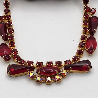 1950's Red & Aurora Borealis Necklace Earrings