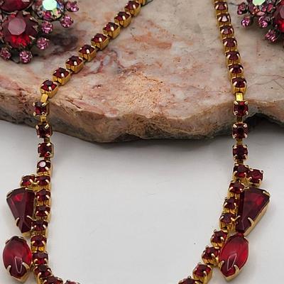 1950's Red & Aurora Borealis Necklace Earrings