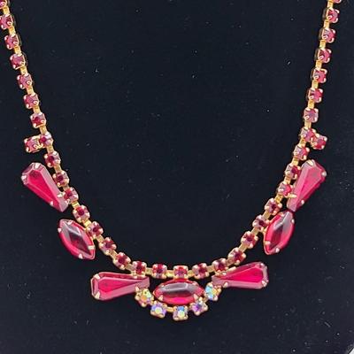 1950's Red & Aurora Borealis Necklace Earrings