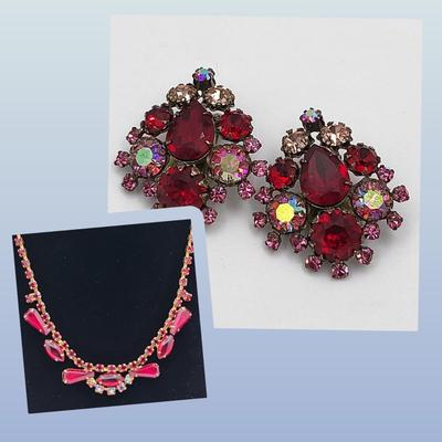 1950's Red & Aurora Borealis Necklace Earrings