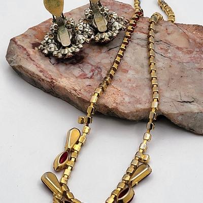 1950's Red & Aurora Borealis Necklace Earrings