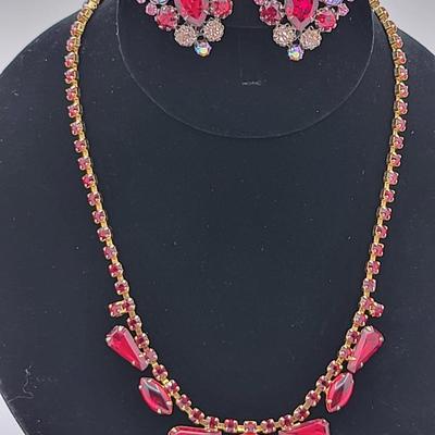 1950's Red & Aurora Borealis Necklace Earrings