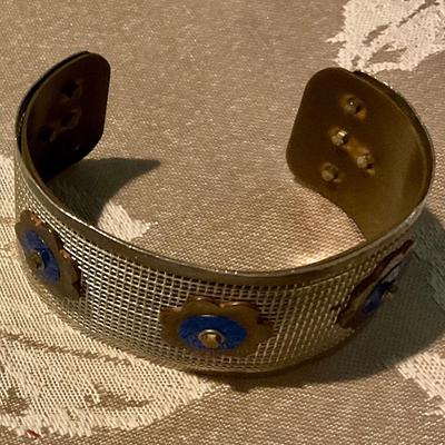 Costume Jewelry Bracelet, copper flower motif with blue accents