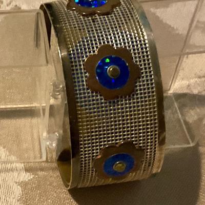 Costume Jewelry Bracelet, copper flower motif with blue accents