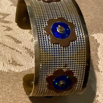 Costume Jewelry Bracelet, copper flower motif with blue accents