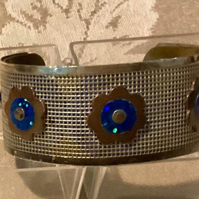 Costume Jewelry Bracelet, copper flower motif with blue accents