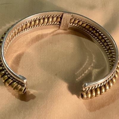 Mexican Sterling cuff, silver with gold wash on center band