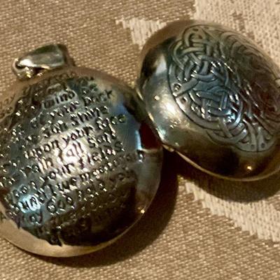 925 Sterling locket has Celtic knot on one side prayer on other side